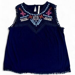 Rich and Beautiful size large Navy Embroidered Sleeveless Top boho Cottagecore